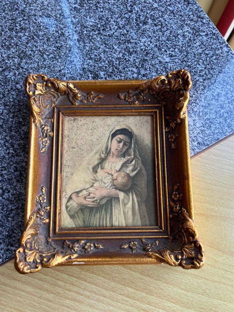Antieke ingelijste prent van Maria met kindje Jezus, Ophalen of Verzenden