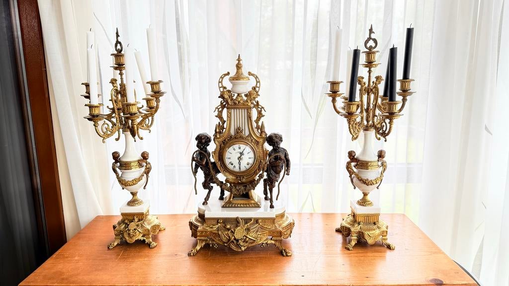 Antieke Klok en Kandelaars Set - Brons en Marmer, Ophalen