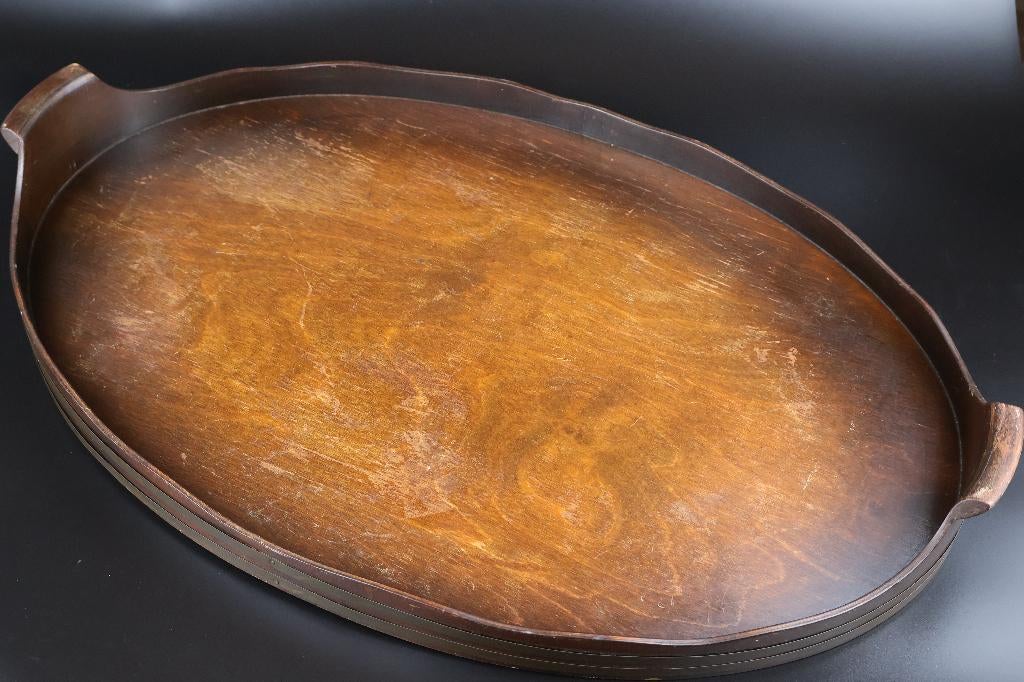 Vintage houten dienblad groot ovaal met handgrepen, Ophalen of Verzenden, Gebruikt, Ovaal, Hout