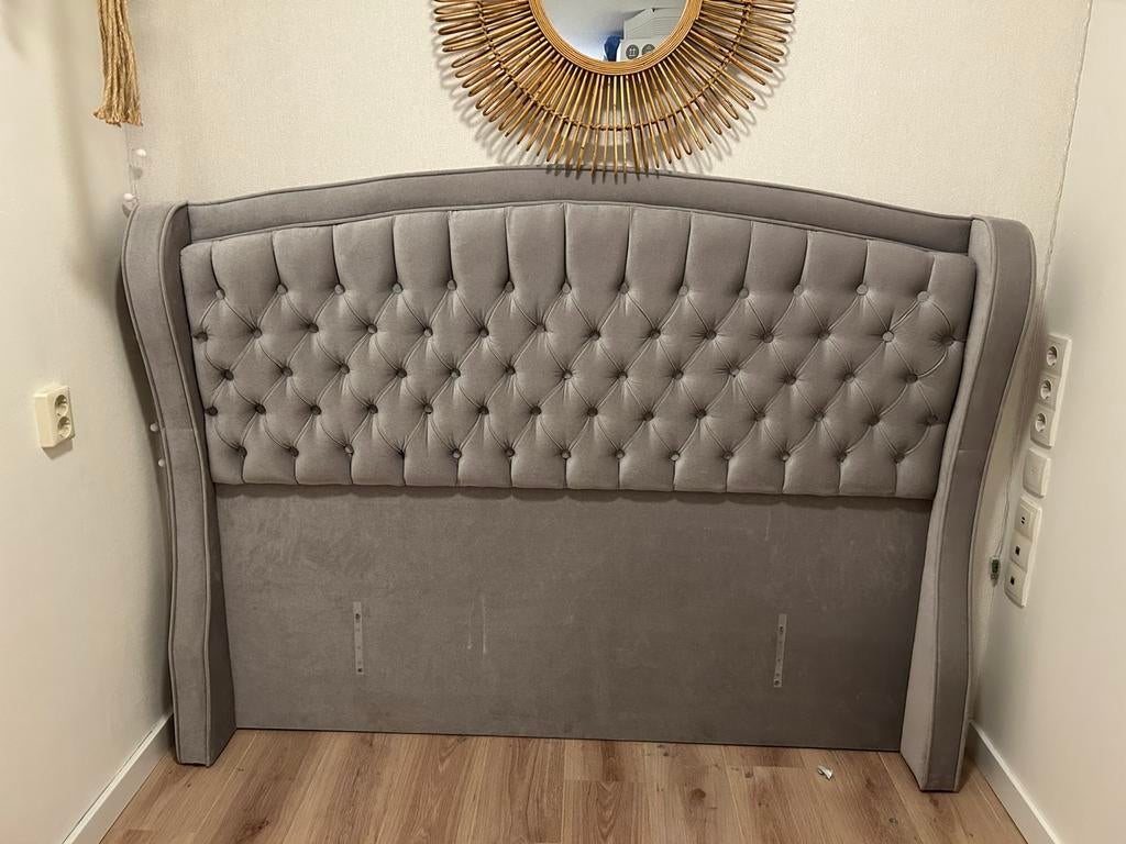 Luxe Hoofdbord voor Boxspring 160 cm - Grijs Gecapitonneerd, Ophalen, Tweepersoons, Zo goed als nieuw, 160 cm