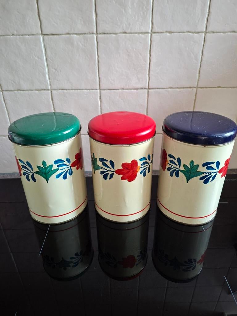 3 vintage boerenbont voorraadbussen, Ophalen of Verzenden