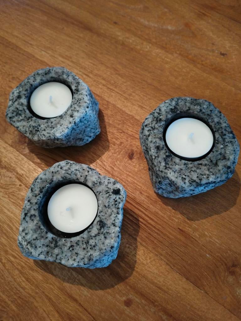 Set van 3 granieten theelichthouders, Overige materialen, Ophalen of Verzenden, Zo goed als nieuw, Grijs