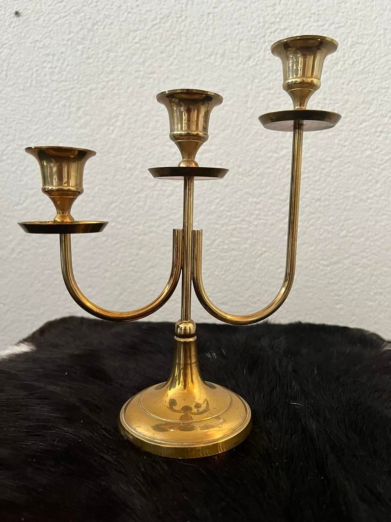 Vintage drie-armig messing kandelaar, Overige materialen, Gebruikt, Overige kleuren, Ophalen of Verzenden