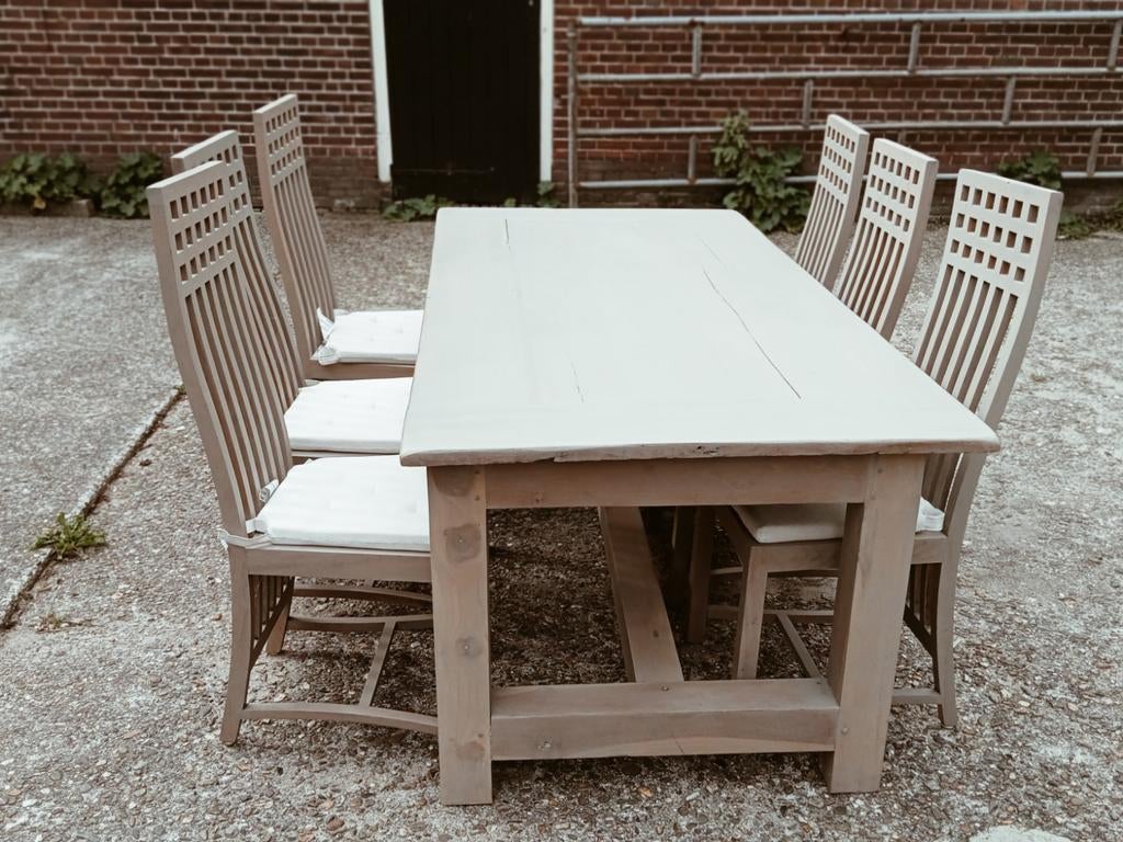 robuuste hardhouten eethoek 6 persoons, Ophalen, Gebruikt, 6 tot 8 stoelen