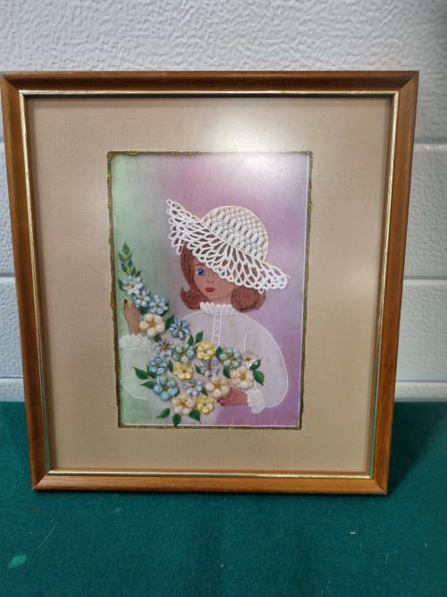 schilderij dame met bloemen papier en gehaakt, Ophalen of Verzenden, 'T Olde Gre-j, Info@toldegrej.nl, Endepoelstraat 20f Didam