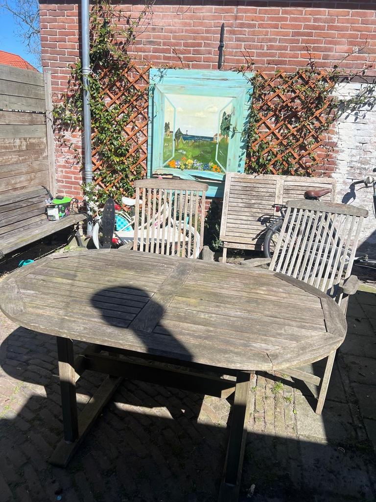 Teak houten tuinset met stoelen en tafel, incl. kussens, Ophalen, Gebruikt, Eettafel, Teakhout