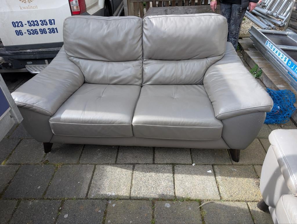 Grijze leren bankstel, Huis en Inrichting, Banken | Bankstellen, Gebruikt, Minder dan 75 cm, Leer, Ophalen of Verzenden