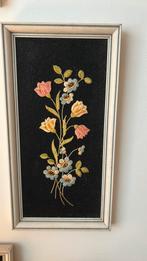 3 vintage borduurwerken op vilt in lijst bloesem bloemen, Ophalen of Verzenden, Gebruikt
