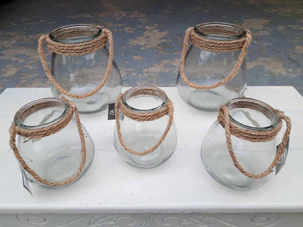 Waxinelichthouder Lantaarn NIEUW Vaas Glas Vazen Pot Touw, Ophalen of Verzenden, Nieuw, Overige materialen, Minder dan 25 cm