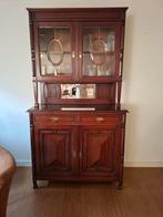 Antieke kast met gelaagd donkerbruin glas, 220 cm hoog, Ophalen, Gebruikt, 25 tot 50 cm, Met deur(en)