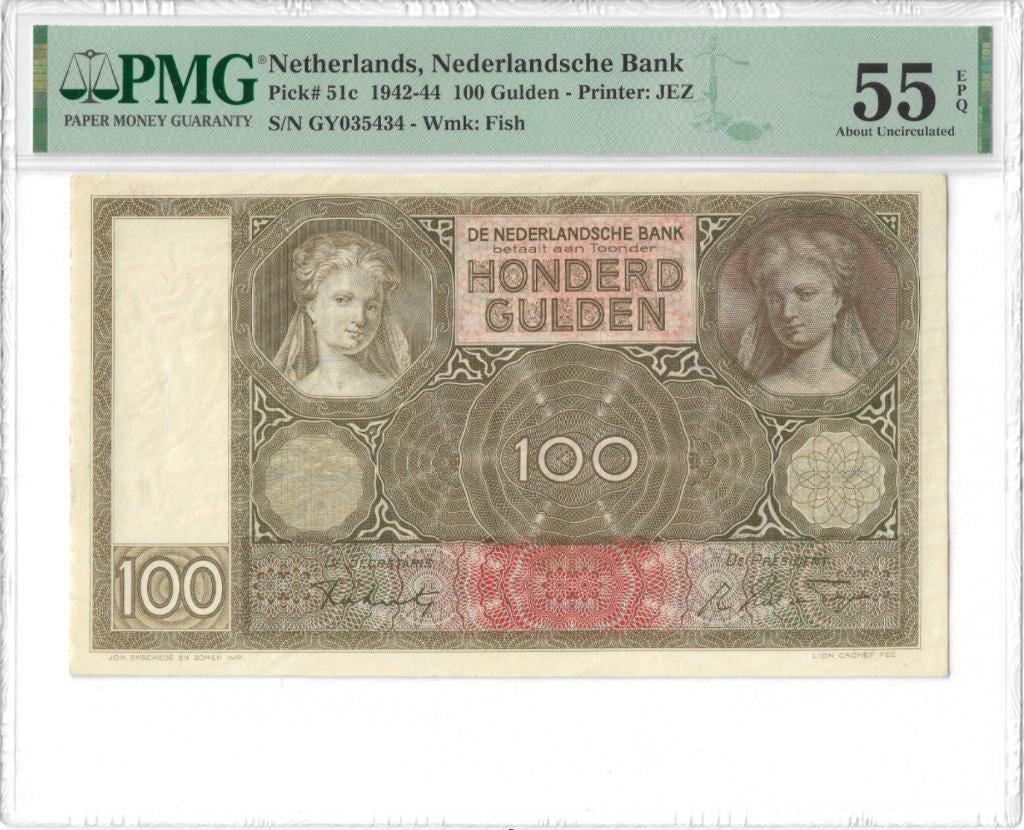 100 Gulden 1942 Luitspelende vrouw (Pick 51c) PMG 55 EPQ, Postzegels en Munten, Bankbiljetten | Nederland, Ophalen, 100 gulden