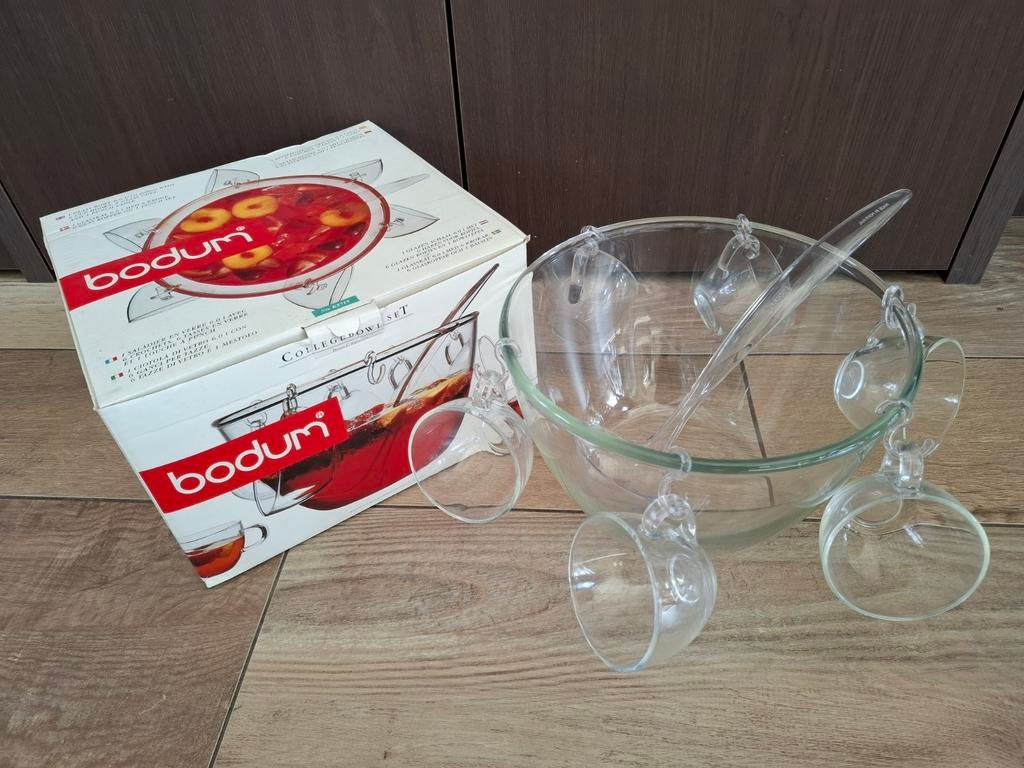 Bodum punch bowl set van glas 6L + 6 glazen kopjes + lepel, Ophalen of Verzenden, Zo goed als nieuw