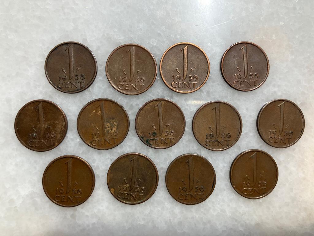 13 Centen 1956, Postzegels en Munten, Ophalen of Verzenden, Koningin Juliana, 1 cent, Losse munt