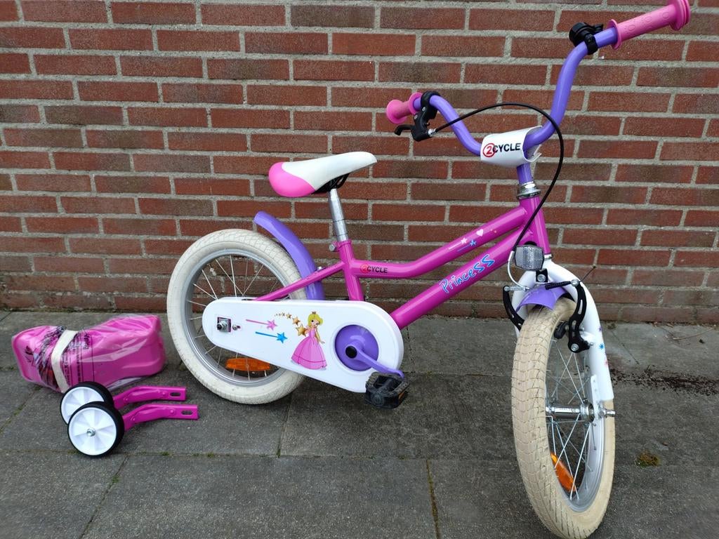 Meisjesfiets 16 inch met poppenzitje en zijwielen, Ophalen, Gebruikt, 16 inch, Handrem