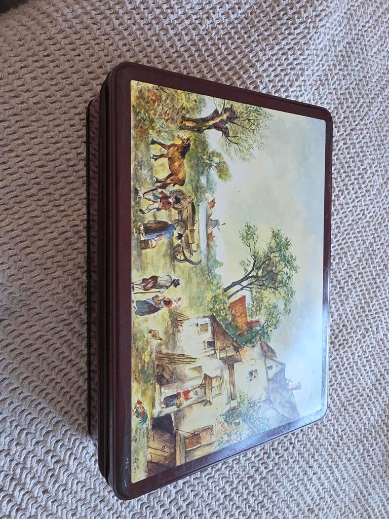 Antieke bewaarblik met landschapstafereel, Ophalen of Verzenden, Gebruikt