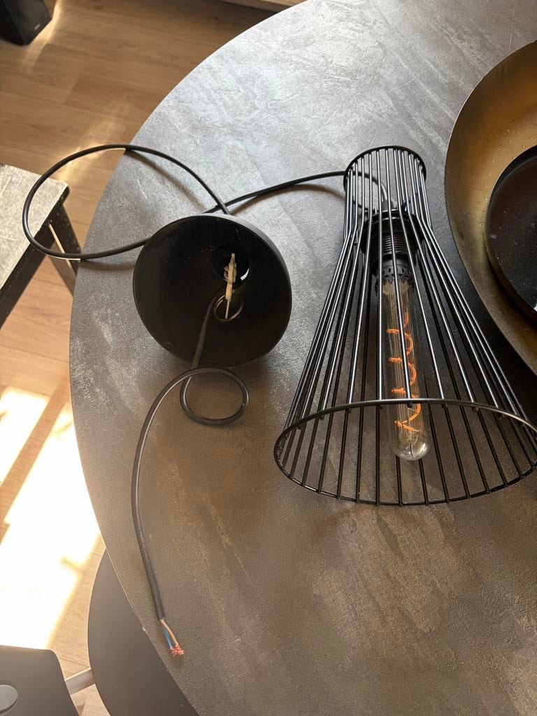 Zwarte hanglamp met draadkooi en Edison gloeilamp, Huis en Inrichting, Ophalen of Verzenden, Gebruikt, Metaal, Minder dan 50 cm