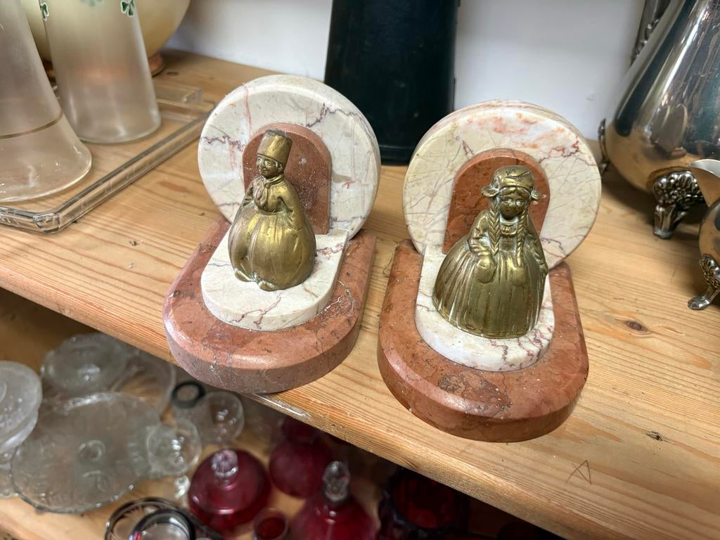 Antieke Marmeren Boekensteunen met Bronzen Beeldjes, Antiek en Kunst, Ophalen