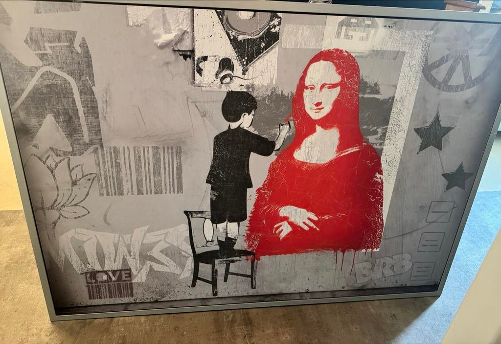 Banksy stijl schilderij met Mona Lisa en jongen, Ophalen
