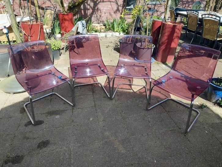 Ikea Tobias stoelen - 4 stuks, transparant paars, Huis en Inrichting, Stoelen, Gebruikt, Vier, Kunststof, Metaal, Overige kleuren