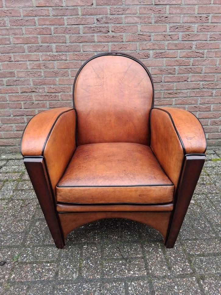 Schaapsleren vintage fauteuil, Huis en Inrichting, Stoelen, Gebruikt, Eén, Hout, Leer, Bruin, Ophalen