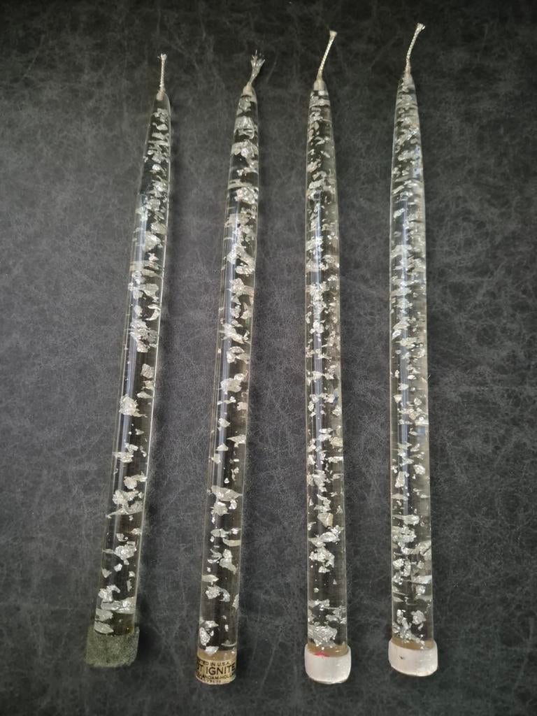 Vintage Lucite Kaarsen met Zilveren Vlokken MCM, Kunststof, Gebruikt, Wit, Ophalen of Verzenden