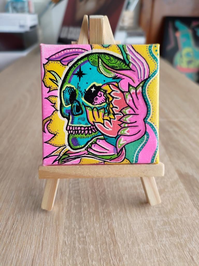 Mini Canvas Schilderij: Kleurrijke Doodskop met Bloemen, Ophalen of Verzenden