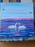 Zwanenmeer: Romantisch olieverfschilderij 20x20 cm, Ophalen of Verzenden