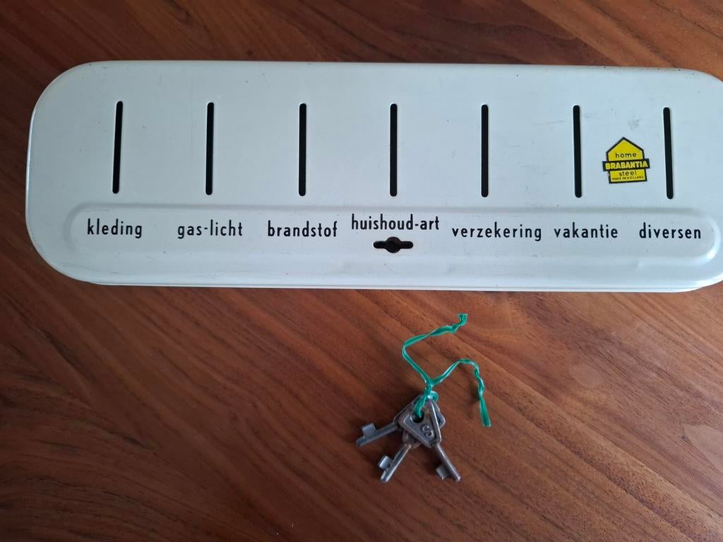 Vintage Brabantia spaarpot met sleutels - Metaal, Verzamelen, Spaarpotten, Ophalen of Verzenden, Zo goed als nieuw, Metaal of Blik
