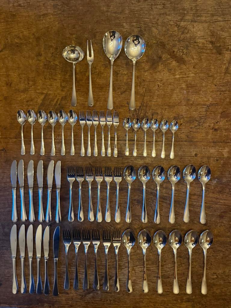 Nieuwe cassette met 6 persoons Gero 100 rondfilet, 58-delig, Antiek en Kunst, Antiek | Bestek, Ophalen of Verzenden