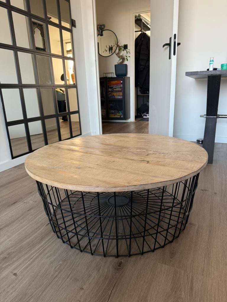 Ronde industriële salontafel – hout & metalen frame, Huis en Inrichting, Tafels | Salontafels, Ophalen, 50 tot 100 cm, Rond, Zo goed als nieuw