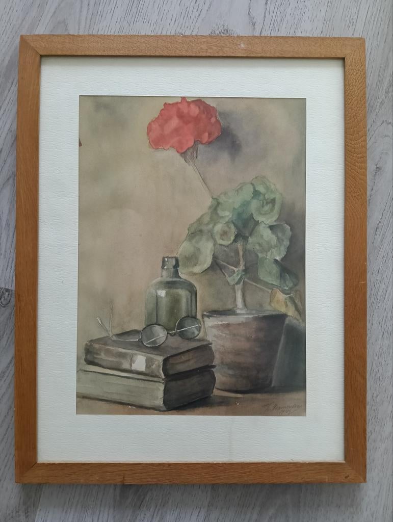 TH Vermeulen - stilleven met geranium , boeken en fles  1946, Antiek en Kunst, Kunst | Schilderijen | Klassiek, Ophalen of Verzenden