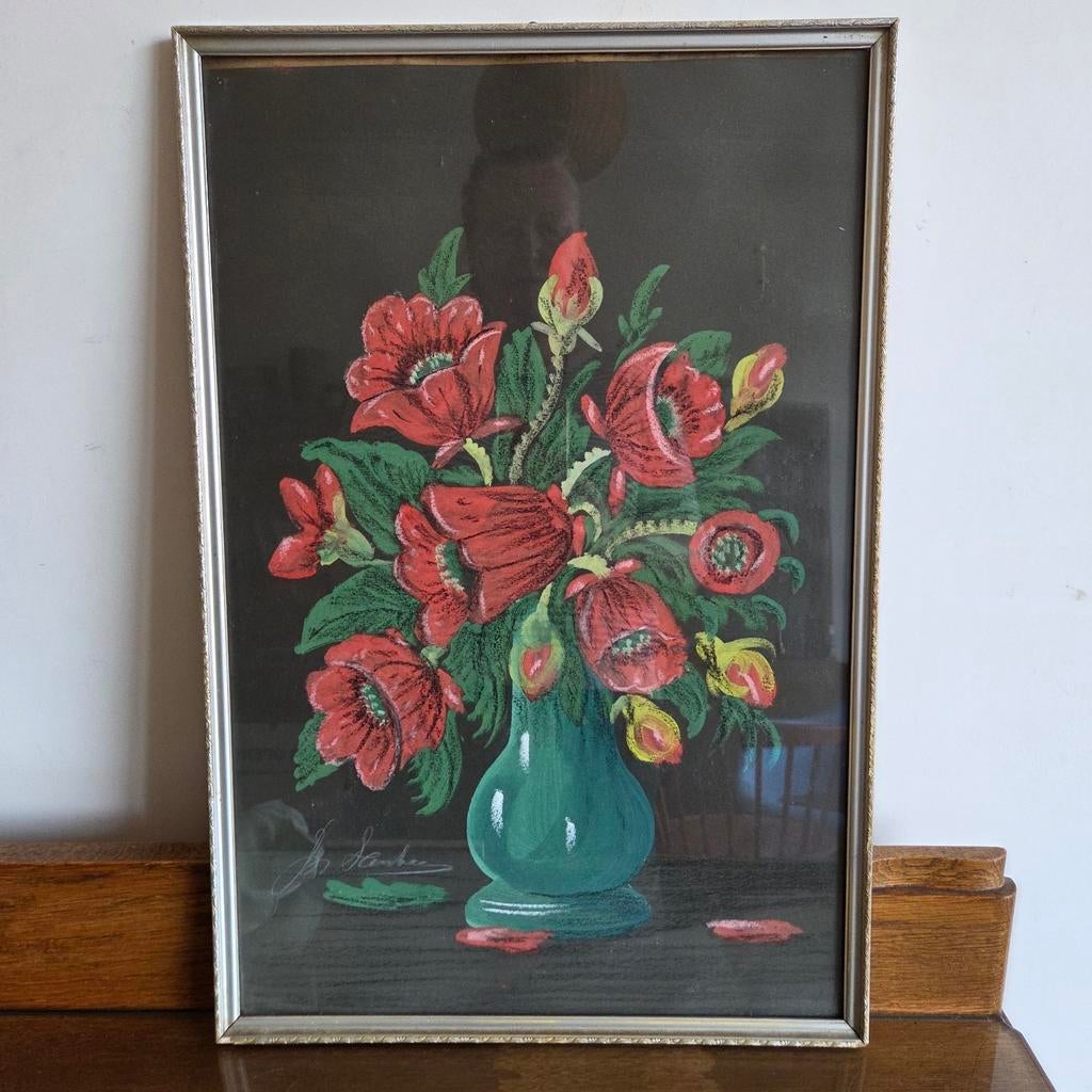 Krijttekeing anemonen in vaas. Ingelijst achter glas, Antiek en Kunst, Ophalen of Verzenden