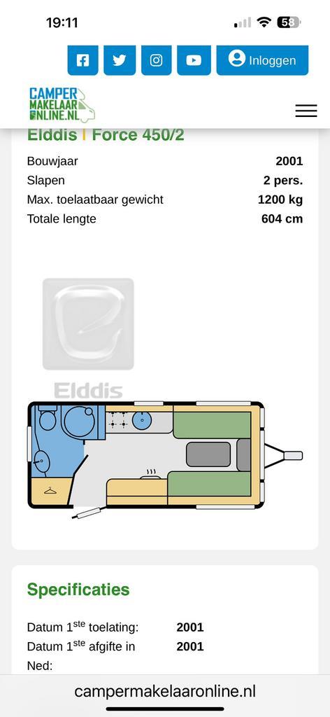 Caravan Elddis, Caravans en Kamperen, Caravans, Particulier, tot en met 2, Standaardzit, Elddis, 2 aparte bedden, Luifel, Ophalen