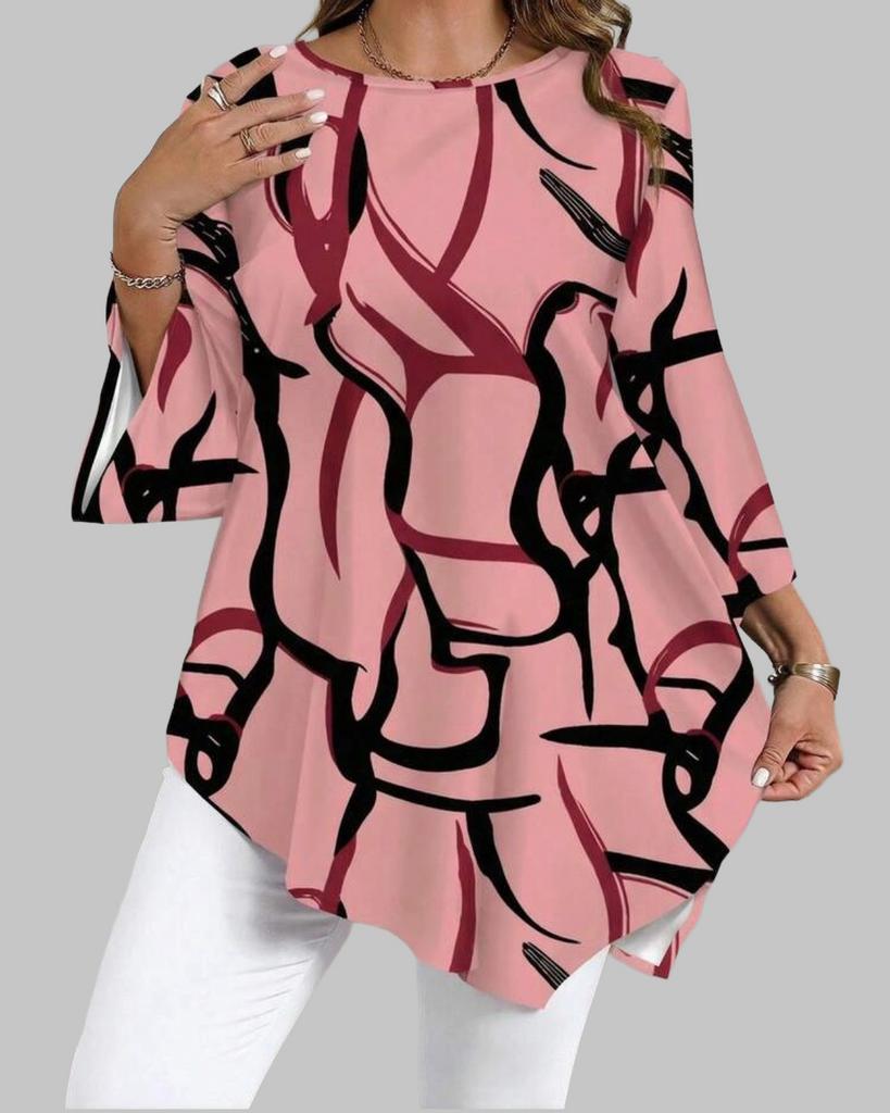 Roze Tuniek met Abstracte Print en Wijde Mouwen (46-54), Kleding | Dames, Grote Maten, Verzenden, Nieuw, Roze, Blouse of Tuniek