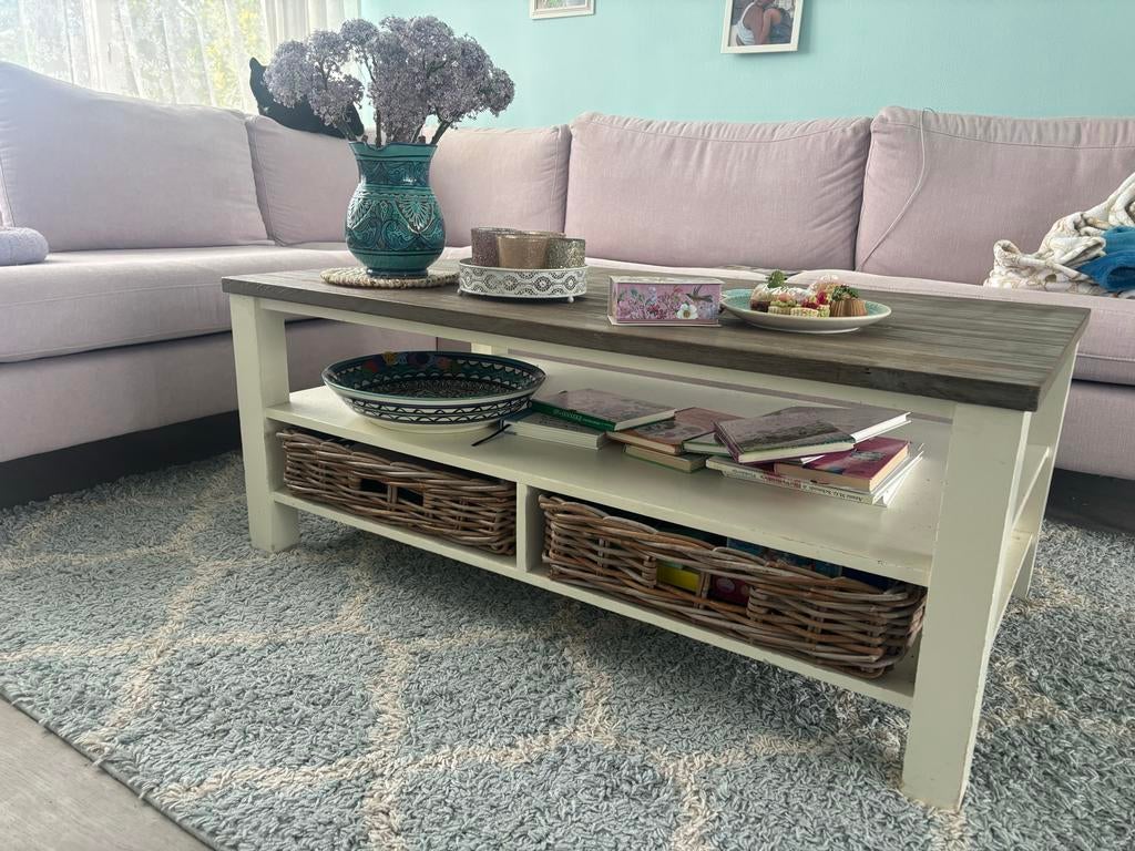 Salontafel met opbergruimte, hout en wit, Huis en Inrichting, Tafels | Salontafels, Gebruikt, Minder dan 50 cm, 100 tot 150 cm