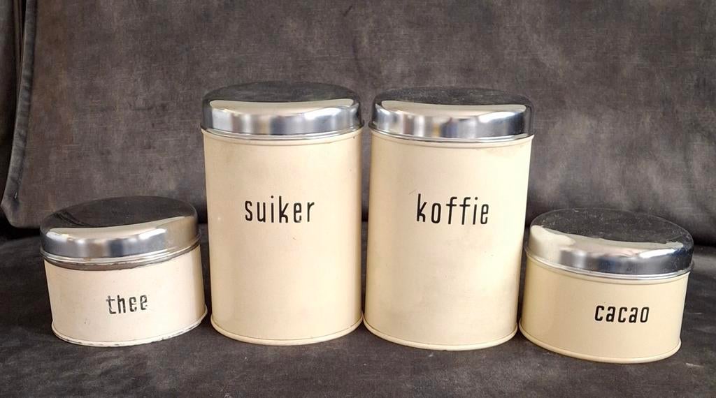 Brabantia vintage blikken: koffie, thee, suiker, cacao, Verzamelen, Ophalen of Verzenden, Gebruikt, Koffie, Overige merken