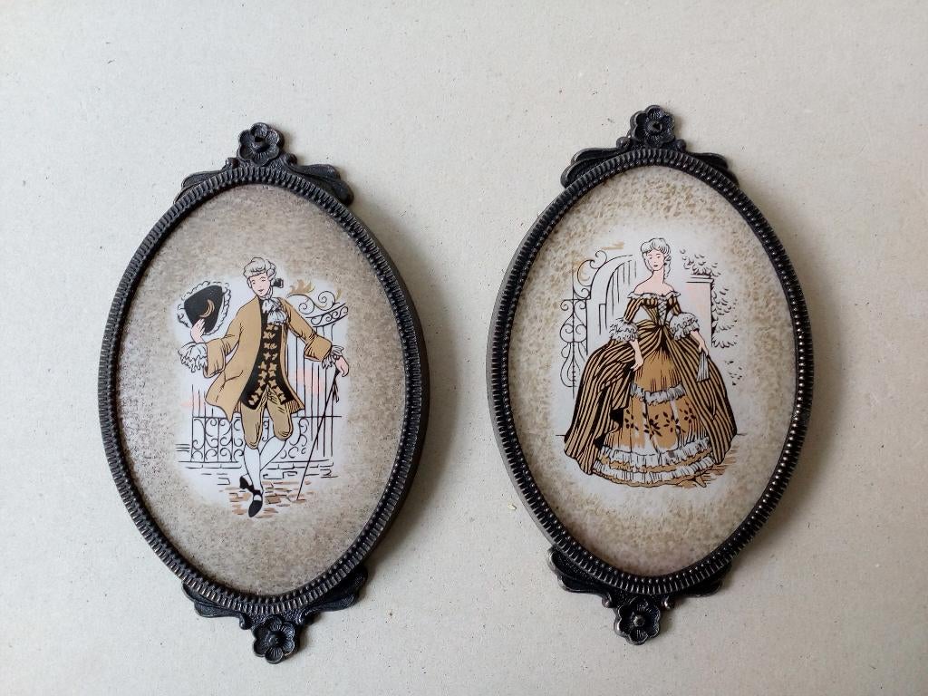Barok schilderijtjes. Opal glas gebrand/messing lijstje, Antiek en Kunst, Curiosa en Brocante, Ophalen of Verzenden