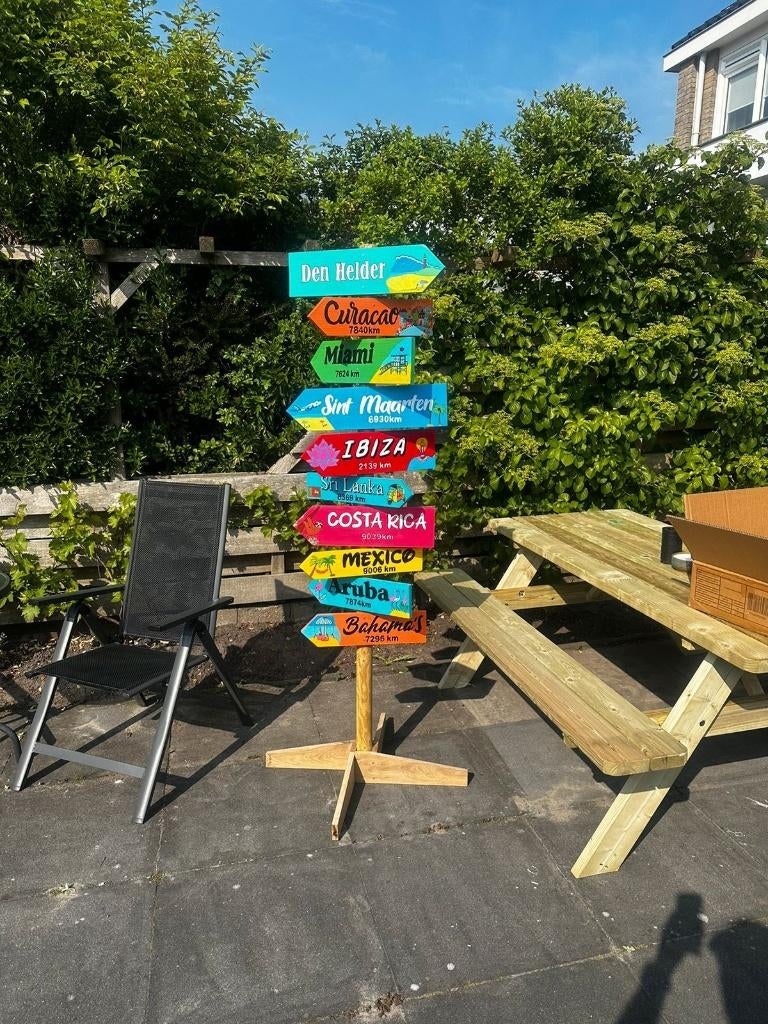 Ibiza Wegwijzer op Maat | Houten Tuinbord Uniek, RW Houtidee - Handgemaakte Ibiza wegwijzers en houten tekstborden op maat. Unieke tuinborden, wegwijsborden en decoratie voor bruiloft, feest, winkel of kinderkamer. Volledig gepersonaliseerd met eigen tekst en ontwerp. Perfect voor binnen en buiten.