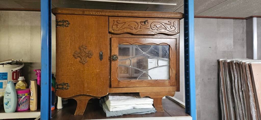 Antiek eiken wandkastje met glas-in-lood – brocante, Ophalen