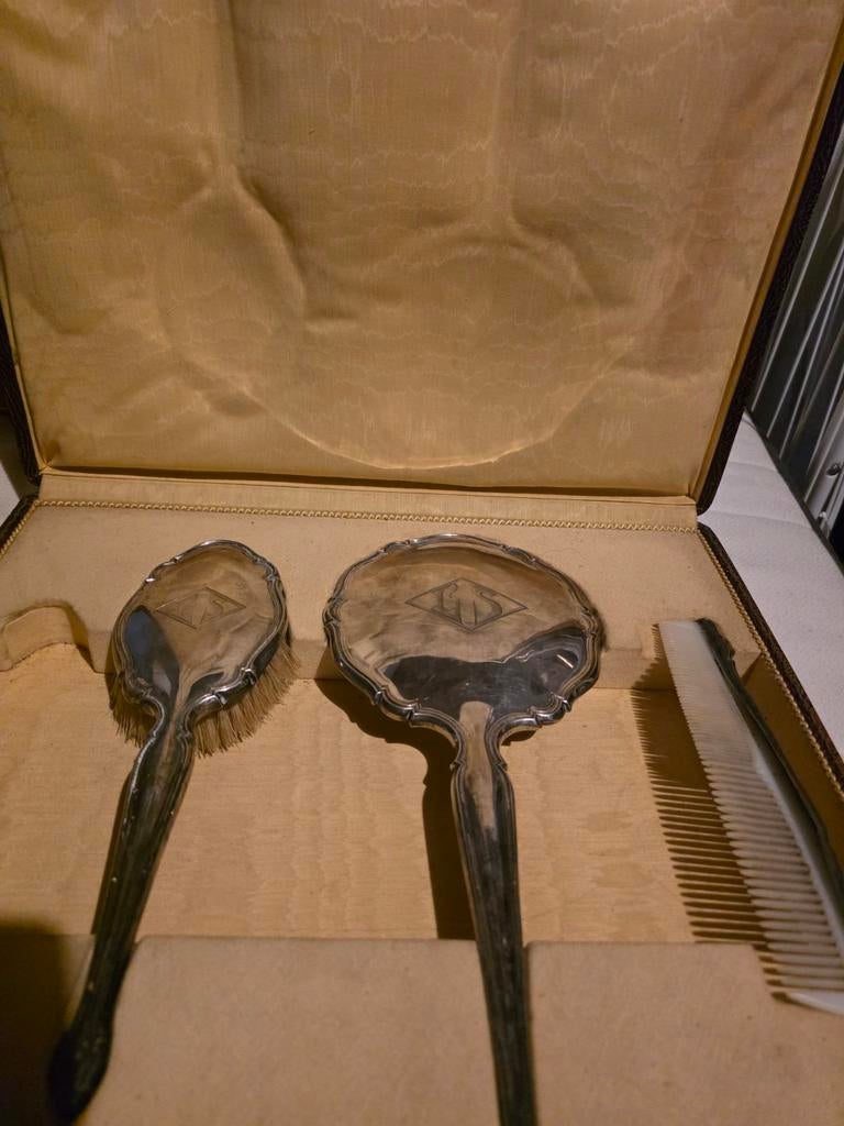 Antieke Zilveren Set - Borstel, Spiegel, Kam, Ophalen of Verzenden, Zilver