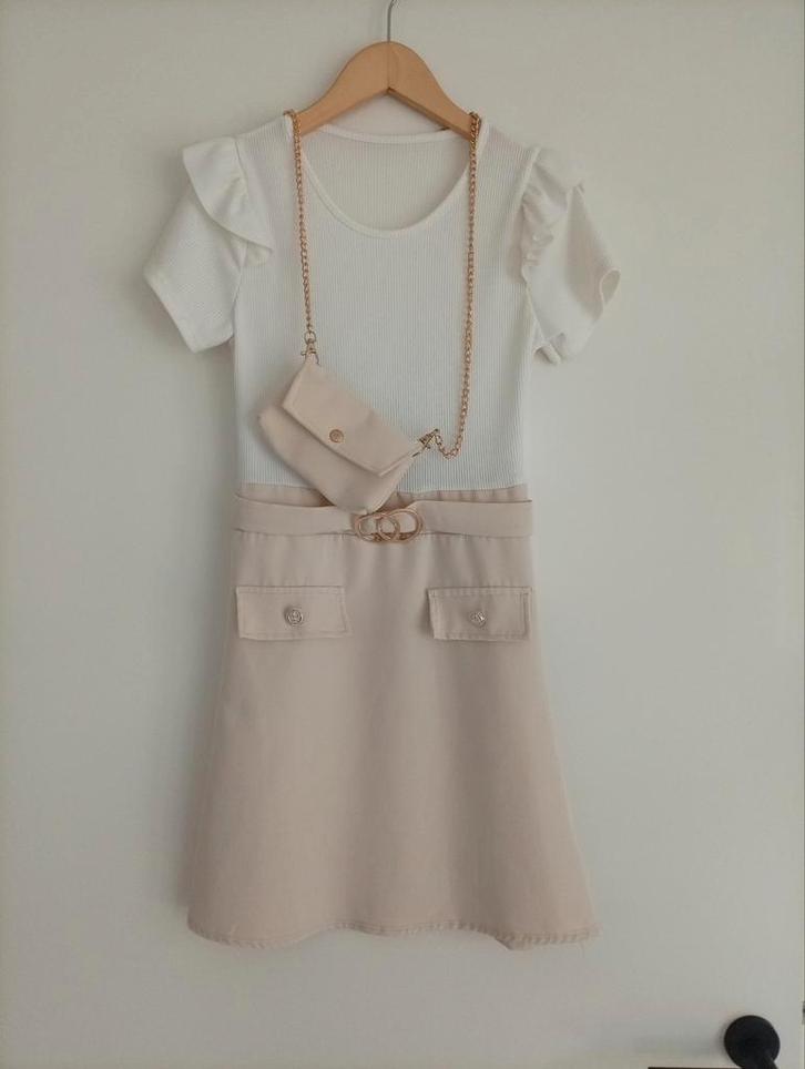Jurk crème / beige met bijpassend tasje maat 14 (164), Kinderen en Baby's, Kinderkleding | Maat 164, Gebruikt, Meisje, Jurk of Rok