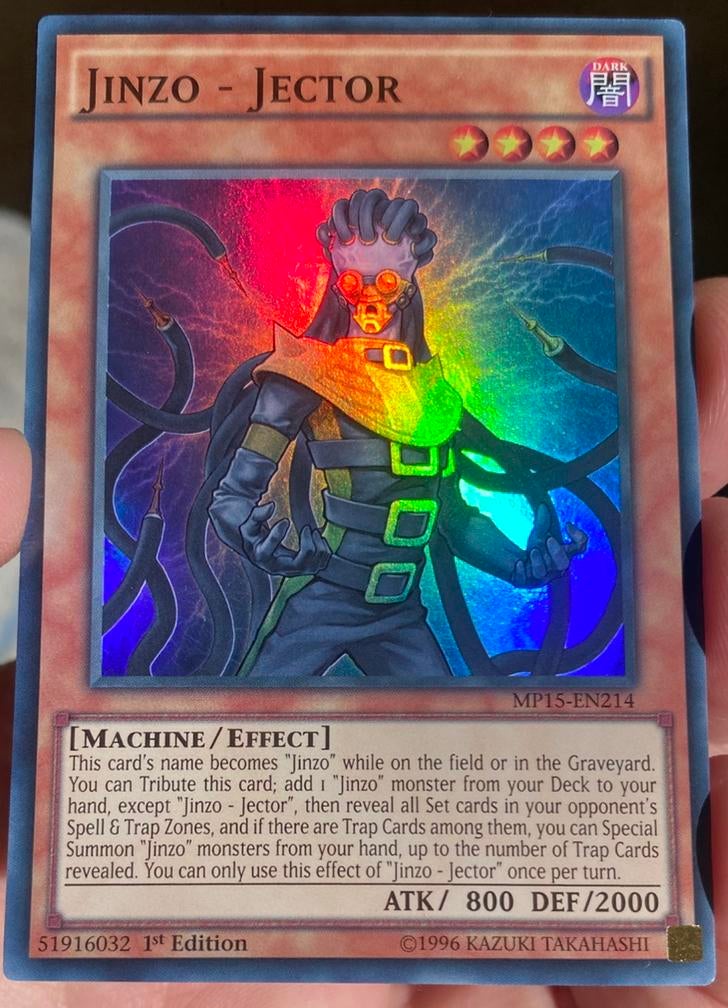 Yu-Gi-Oh! Jinzo - Jector MP15 1st Edition !, Ophalen of Verzenden, Zo goed als nieuw, Losse kaart, Foil