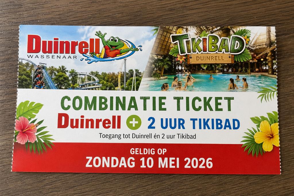 2 tickets Duinrell met  2 uur Tikibad, Tickets en Kaartjes, Drie personen of meer, Ticket of Toegangskaart