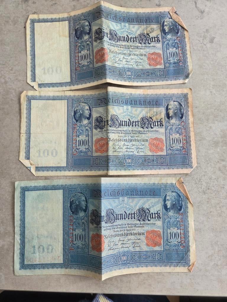 3 biljetten van 100 Reichsmark, Postzegels en Munten, Ophalen of Verzenden