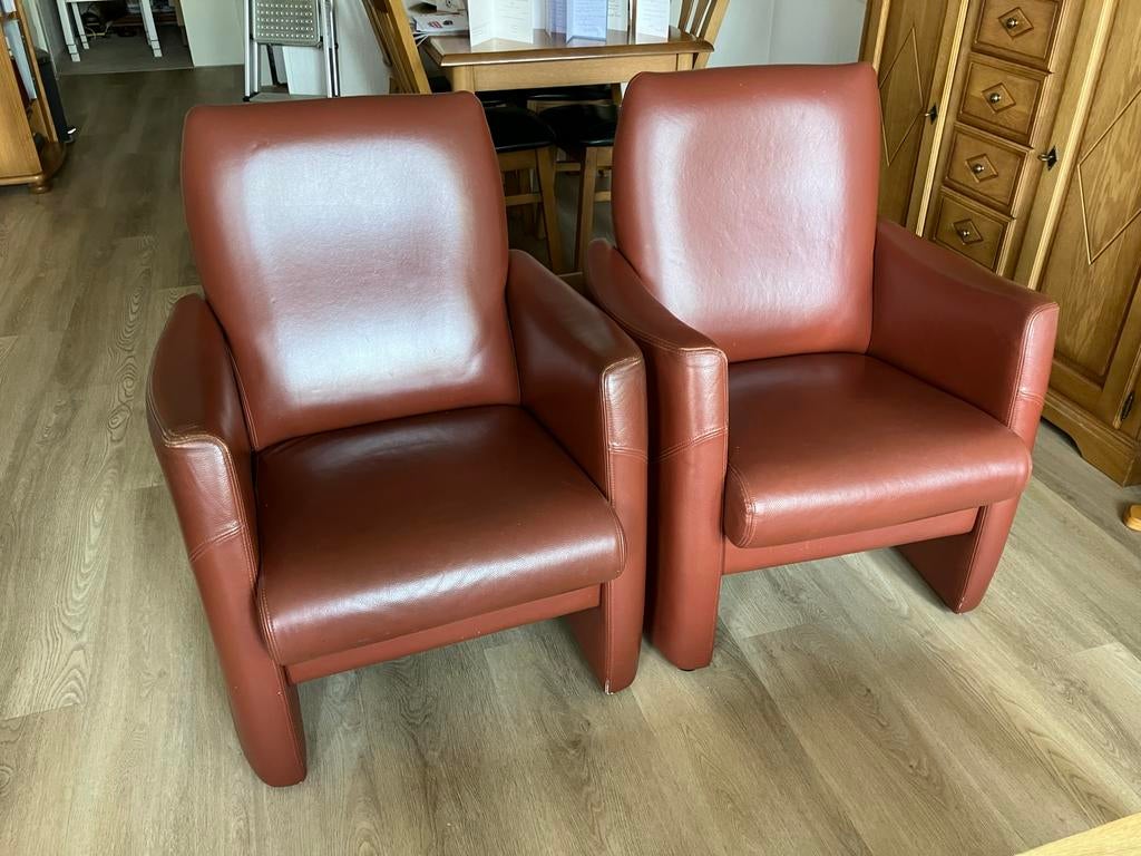 2 stuk Leren fauteuils  en 2 zits bank, Ophalen, Gebruikt, Twee, Bruin