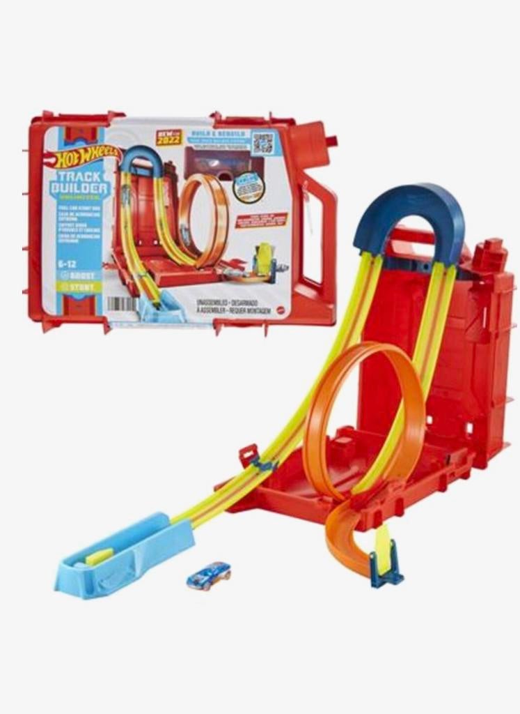 Hot Wheels Baanset met 1 Hot Wheels auto, baanbouwset met ijsthema en 10 baandelen in een modulaire en stapelbare opbergbox​​, HKX40