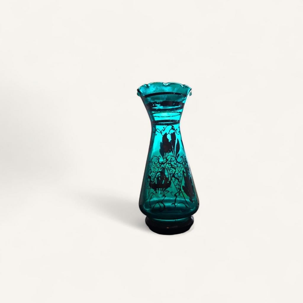 Venetiaans Aquamarijn vaasje met zilver overlay - 13 cm, Antiek en Kunst, Ophalen