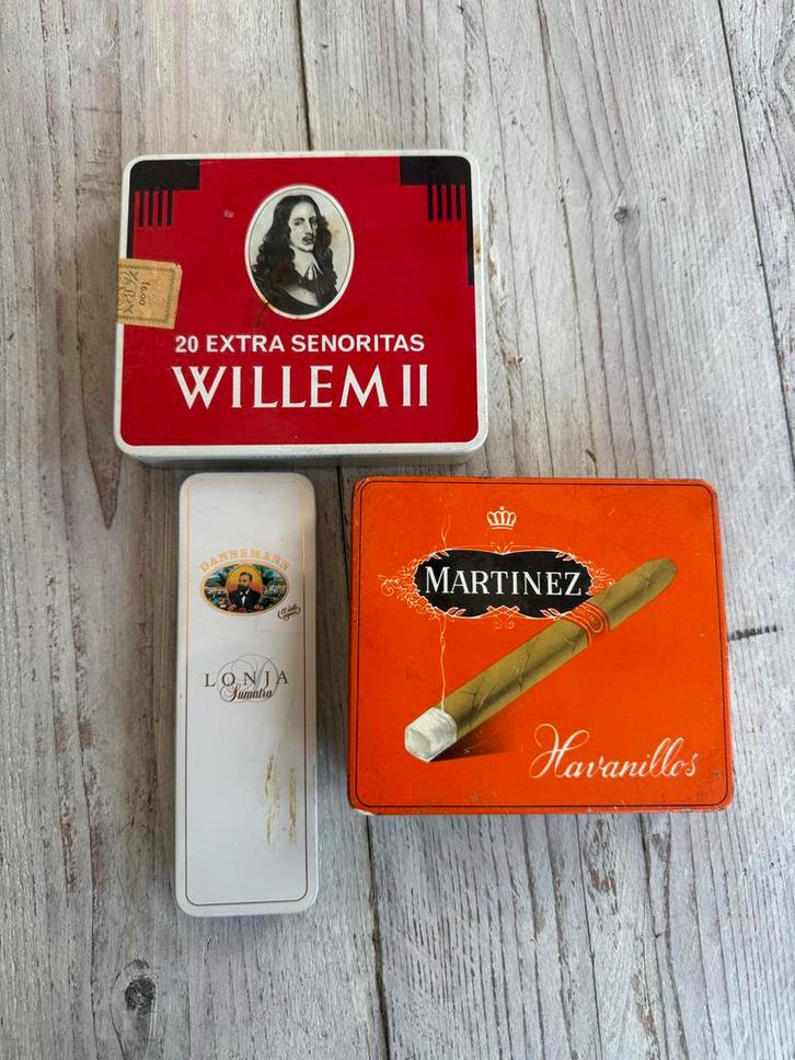 Vintage sigarenblikken: Willem II, Martinez, Dannemann, Verzamelen, Blikken, Gebruikt, Overige, Overige merken, Ophalen of Verzenden