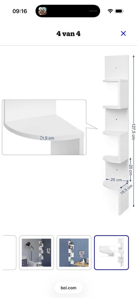 MIRA Witte hoekboekenplank 20x20x127,5 cm, Ophalen of Verzenden, Nieuw