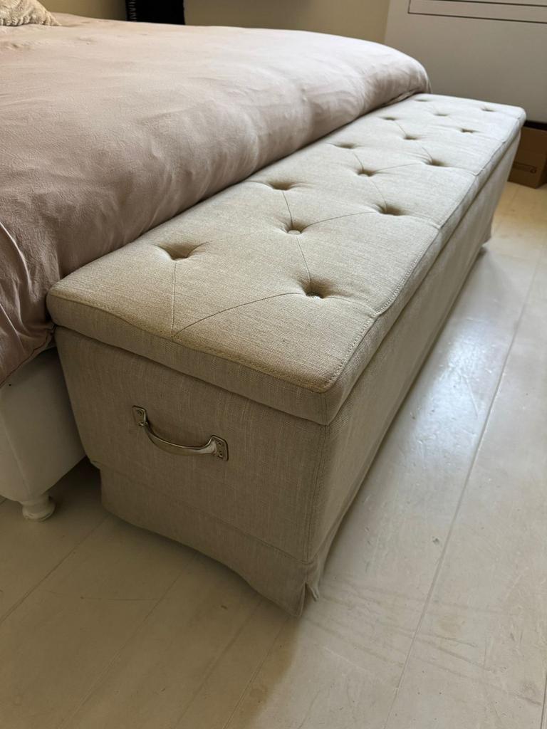 Rivièra Maison dekenkist 160 cm – opbergbank – beige linnen, Huis en Inrichting, Banken | Voetenbanken en Poefen, Ophalen, 125 cm of meer
